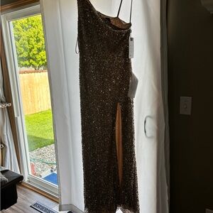 Mac Duggal Brown Sequin One-Shoulder Dress